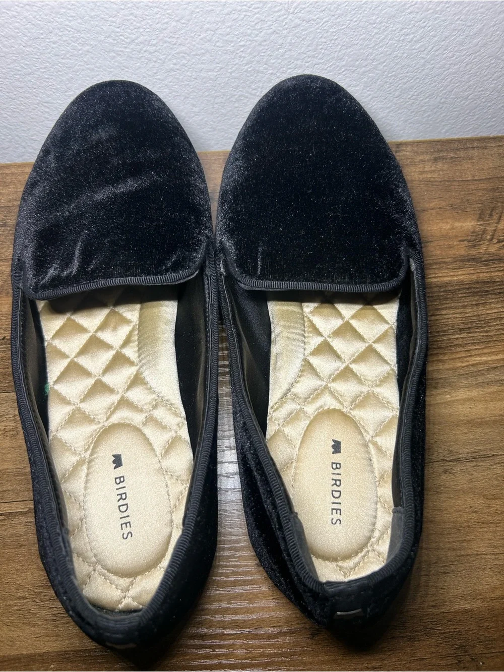 Birdies Black Velvet Quilted-Insole Slip-On Flats